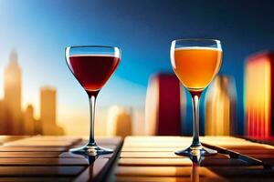 two glasses of wine on a table in front of a city skyline. AI-Generated photo