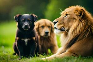 Tres perros y un león sentado en el césped. generado por ai foto