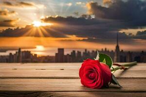 un soltero rojo Rosa se sienta en un de madera mesa en frente de un ciudad horizonte. generado por ai foto