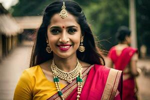 a woman in a yellow sari and gold jewelry. AI-Generated photo