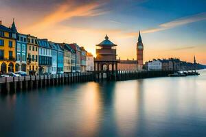 the sunset over a city with buildings and a clock tower. AI-Generated photo