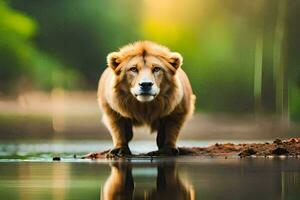 un león en pie en el borde de un río. generado por ai foto