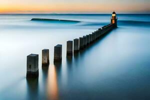 a long exposure photograph of a lighthouse in the ocean. AI-Generated photo