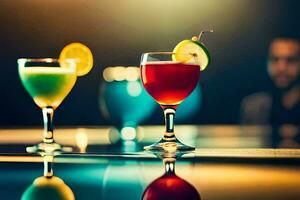 three glasses of different colored drinks on a bar. AI-Generated photo