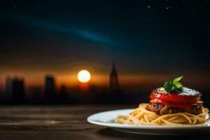 espaguetis con tomate y carne en un plato con un paisaje urbano en el antecedentes. generado por ai foto