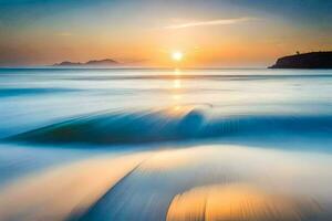 the sun is setting over the ocean in this long exposure photograph. AI-Generated photo