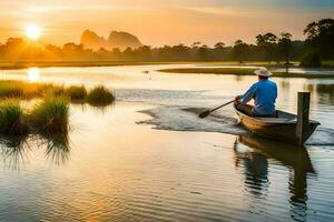 un hombre paletas un barco en el río a amanecer. generado por ai foto