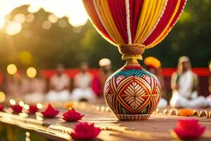 a colorful vase sitting on a table with people in the background. AI-Generated photo