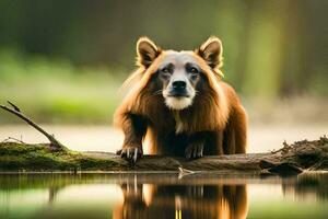 a dog standing on a log in the water. AI-Generated photo