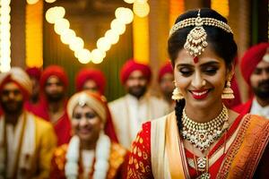 a bride in traditional indian attire with her bridesmaids. AI-Generated photo