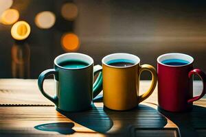 three colorful coffee mugs sit on a wooden table. AI-Generated photo