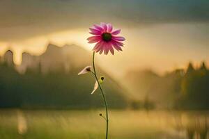 a single pink flower stands in front of a lake. AI-Generated photo