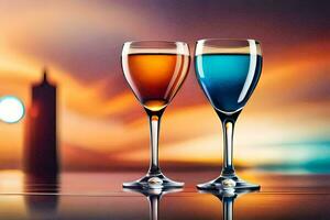 two wine glasses with different colored liquids on a table. AI-Generated photo