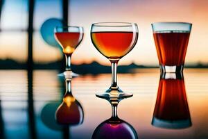 three glasses of wine on a table with a sunset in the background. AI-Generated photo