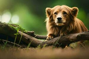 a lion sitting on a log in the woods. AI-Generated photo