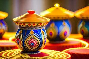 colorful diyas are displayed on a table. AI-Generated photo