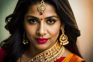 an indian woman wearing a red sari and gold jewelry. AI-Generated photo