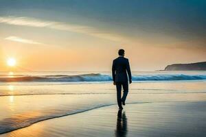 a man in a suit walks on the beach at sunset. AI-Generated photo