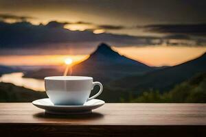 a cup of coffee on a table in front of a mountain view. AI-Generated photo