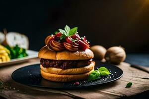 a hamburger with vegetables on a plate. AI-Generated photo