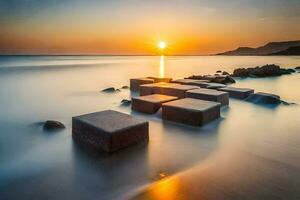 a sunset over the sea with steps in the water. AI-Generated photo