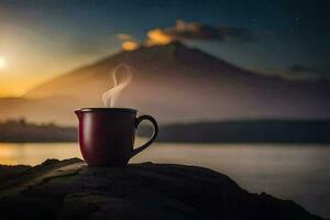 the coffee cup, the moon, the lake, the mountains, the sunrise, the sunrise,. AI-Generated photo