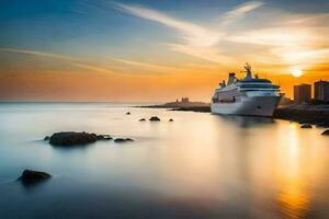 un crucero Embarcacion en el Oceano a puesta de sol. generado por ai foto