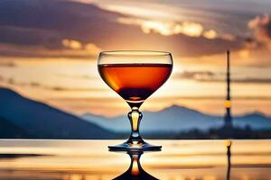 a glass of wine on a table with a sunset in the background. AI-Generated photo