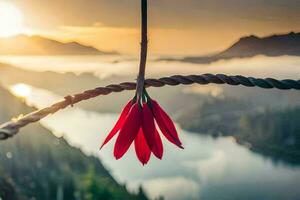 a red flower hanging from a rope in front of a lake. AI-Generated photo