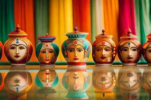 colorful vases with faces on them in front of a curtain. AI-Generated photo