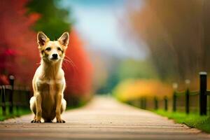 un perro sentado en un de madera pasarela en frente de un parque. generado por ai foto