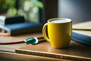 a yellow mug of coffee on a desk. AI-Generated photo