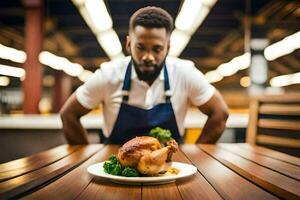 a man in an apron standing in front of a plate of chicken. AI-Generated photo