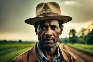 un hombre en un sombrero soportes en un campo. generado por ai foto