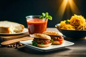 the food is served on a wooden table with a glass of tomato juice. AI-Generated photo