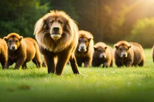 a group of lions walking in the grass. AI-Generated photo