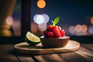 a cupcake with raspberries and lime on a wooden table. AI-Generated photo