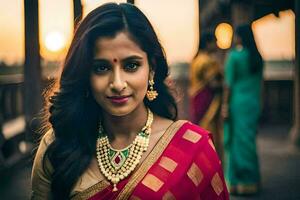 un hermosa mujer en un rojo sari con oro joyas. generado por ai foto