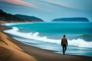 un hombre caminando a lo largo el playa a puesta de sol. generado por ai foto