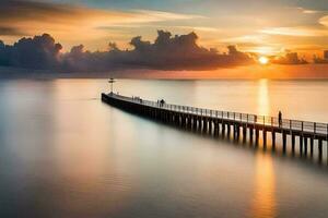 a pier at sunset with clouds in the sky. AI-Generated photo