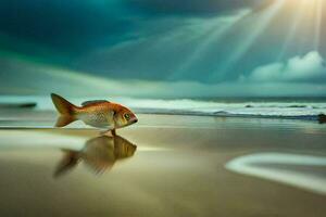 un pescado es caminando en el playa con el Dom brillante. generado por ai foto