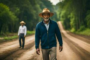 two men in hats walking down a dirt road. AI-Generated photo