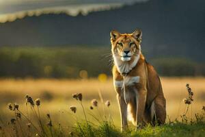 a lion sitting in the grass. AI-Generated photo