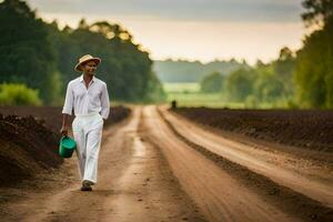 a man in white clothes walking down a dirt road. AI-Generated photo