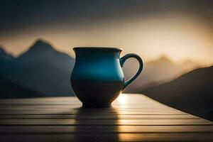 a coffee cup sits on a wooden table in front of a mountain. AI-Generated photo