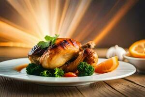 a chicken on a plate with broccoli and orange slices. AI-Generated photo