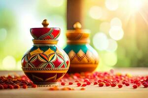 two colorful vases with red flowers on a table. AI-Generated photo
