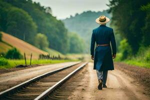 a man in a hat and coat walks down a railroad track. AI-Generated photo