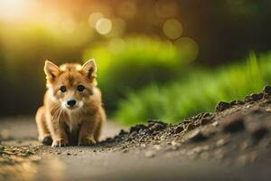 un pequeño zorro sentado en el la carretera. generado por ai foto