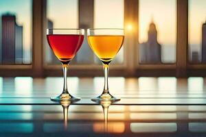 two glasses of wine on a table in front of a cityscape. AI-Generated photo